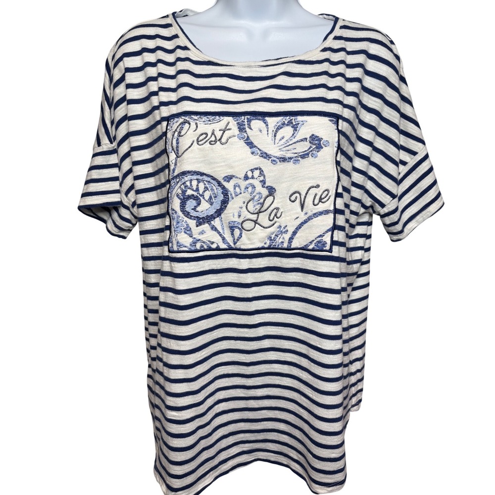 CHICO'S Womens White Navy Striped C'est La Vie Embroidered Top Sz 2/L Parisian